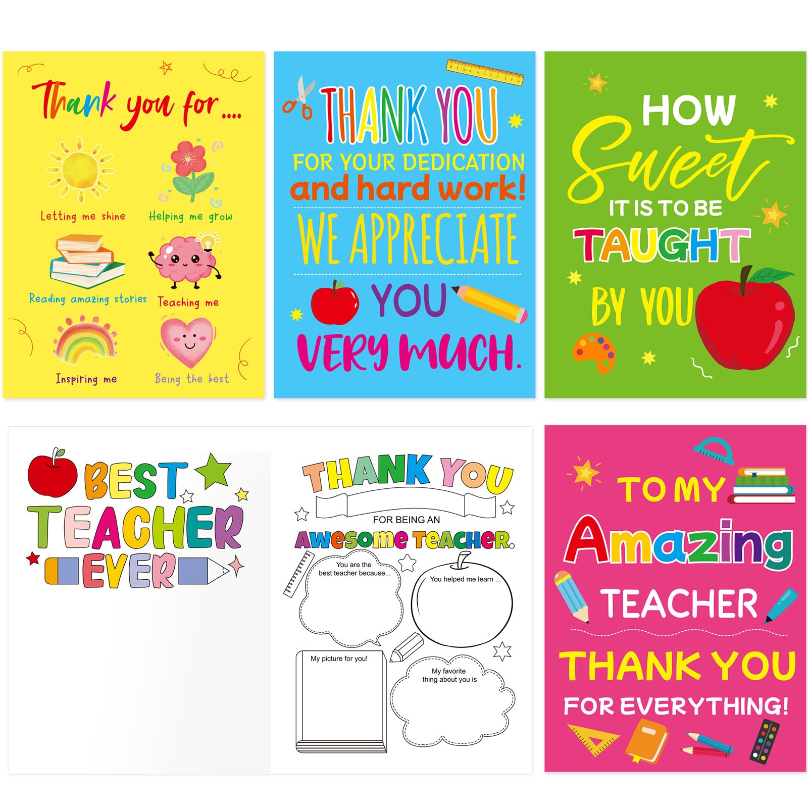 ceiba tree 12Pcs Coloring Teacher Thank You Cards Kindergarten Graduation Funny Fill In The Blanks End of The Year Cards with Envelopes and Stickers Gifts for Teachers Day Appreciation Week