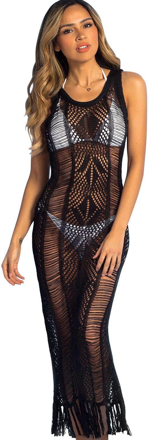 NFASHIONSOWomens Crochet Tassel Beach Wear Cover up Swimwear Bikini Long Maxi Beach Dress