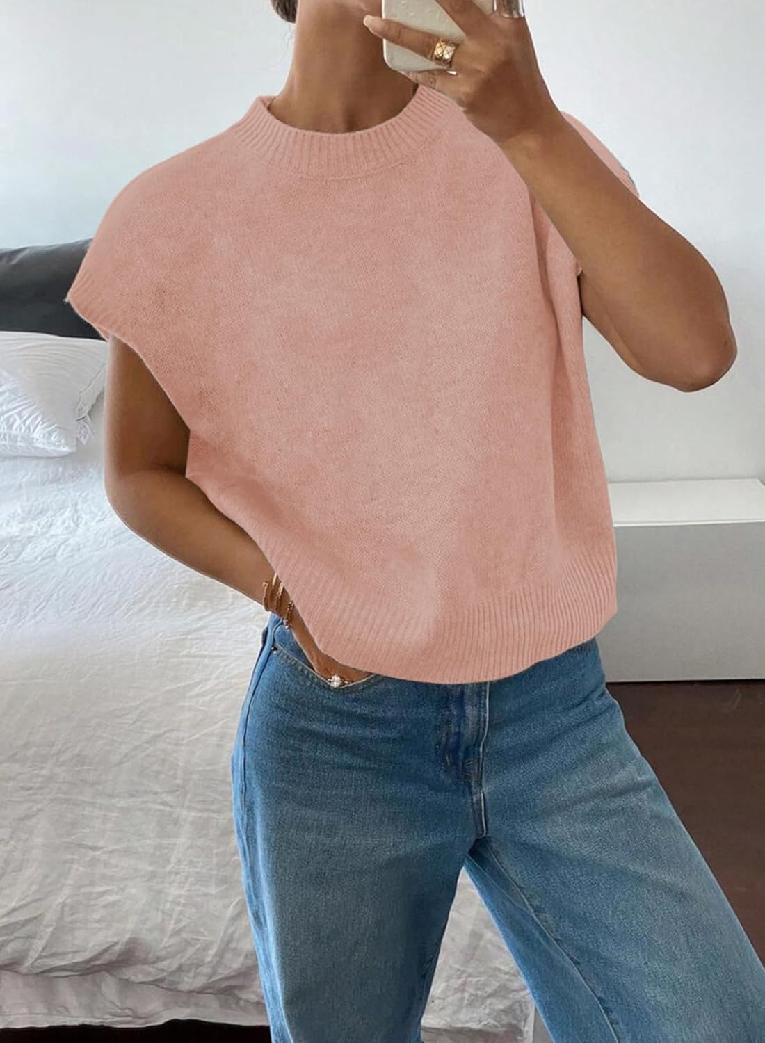 BLENCOT Womens Cap Sleeve Sweaters Summer Casual Short Sleeve Knit Tank Tops Loose Fit Crew Neck Pullover - Image 3