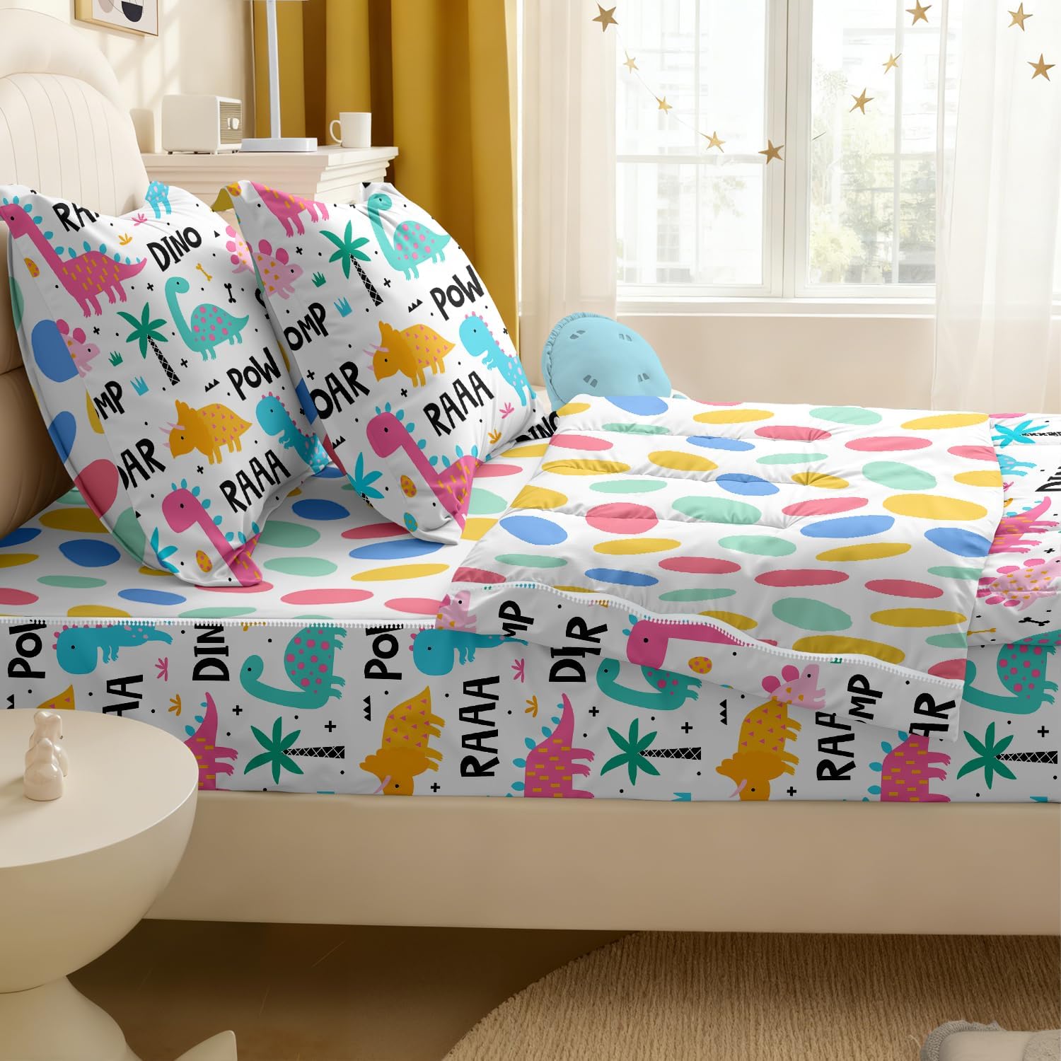 Kids Comforter Set,Zipper Bedding Twin for Teen,Dinosaur Printed Comforter Set with Color Spots Fitted Sheets and Pillowcases for All Season(Dinosaur-A)