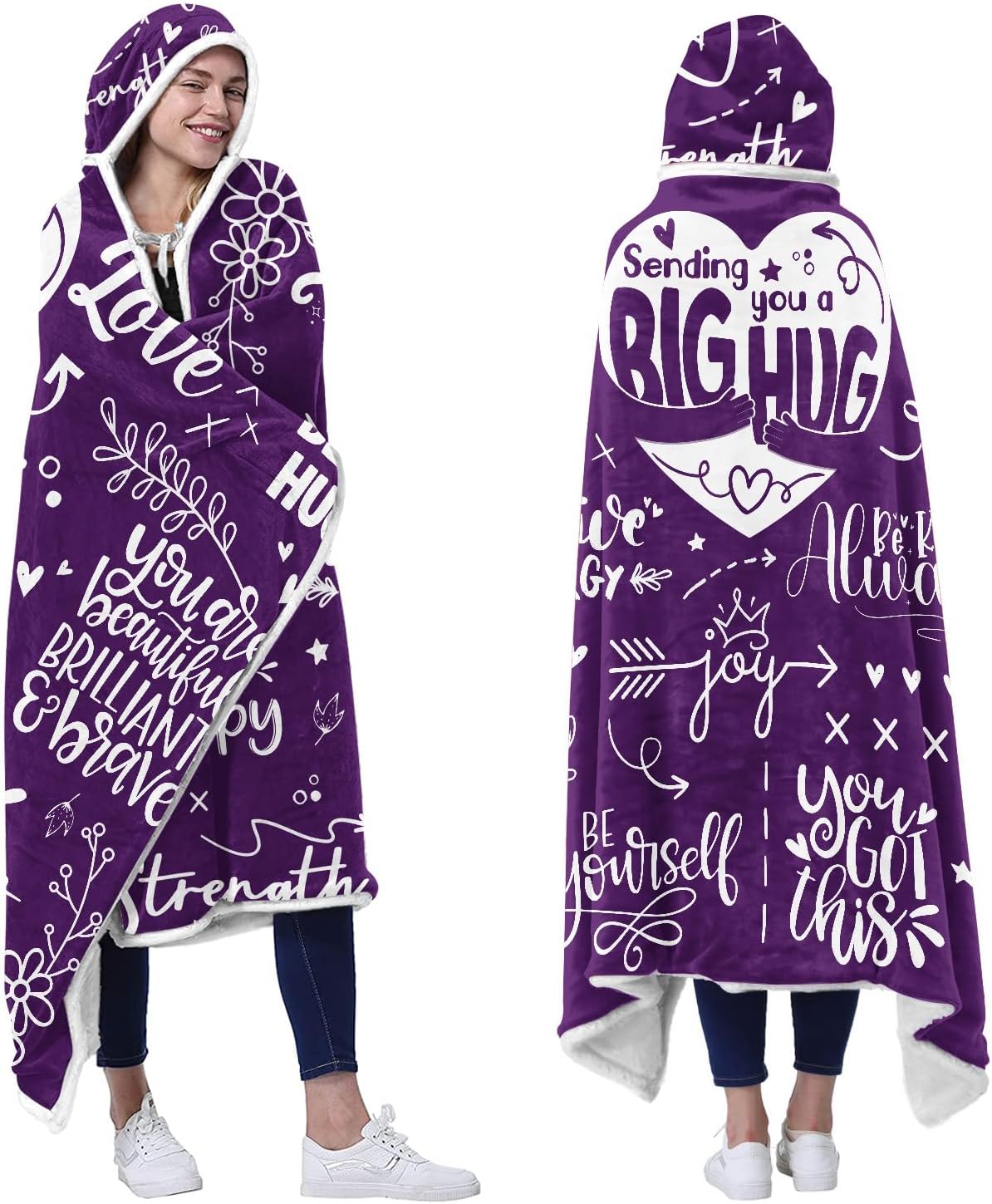 Vprintes Sending Big Hugs Purple Gifts Wearable Blanket Hoodie Sherpa Fleece - Birthday Gifts for Women - Inspirational Gift for Women Friends