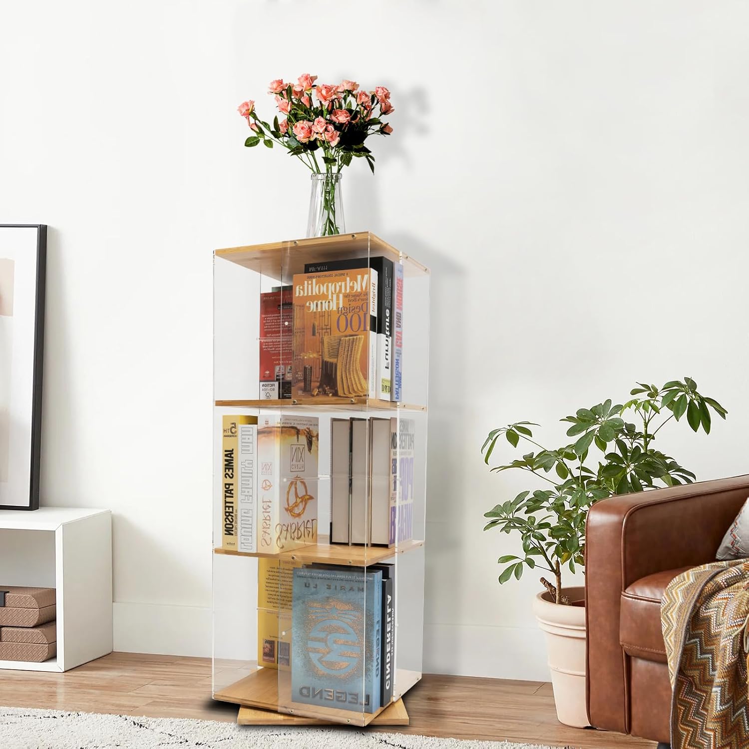 360° Rotating Book Display, 3 Tire Spinning Storage Bookshelf Tower with Acrylic Windows for Home Office, Living Room, Study Room, Bedroom