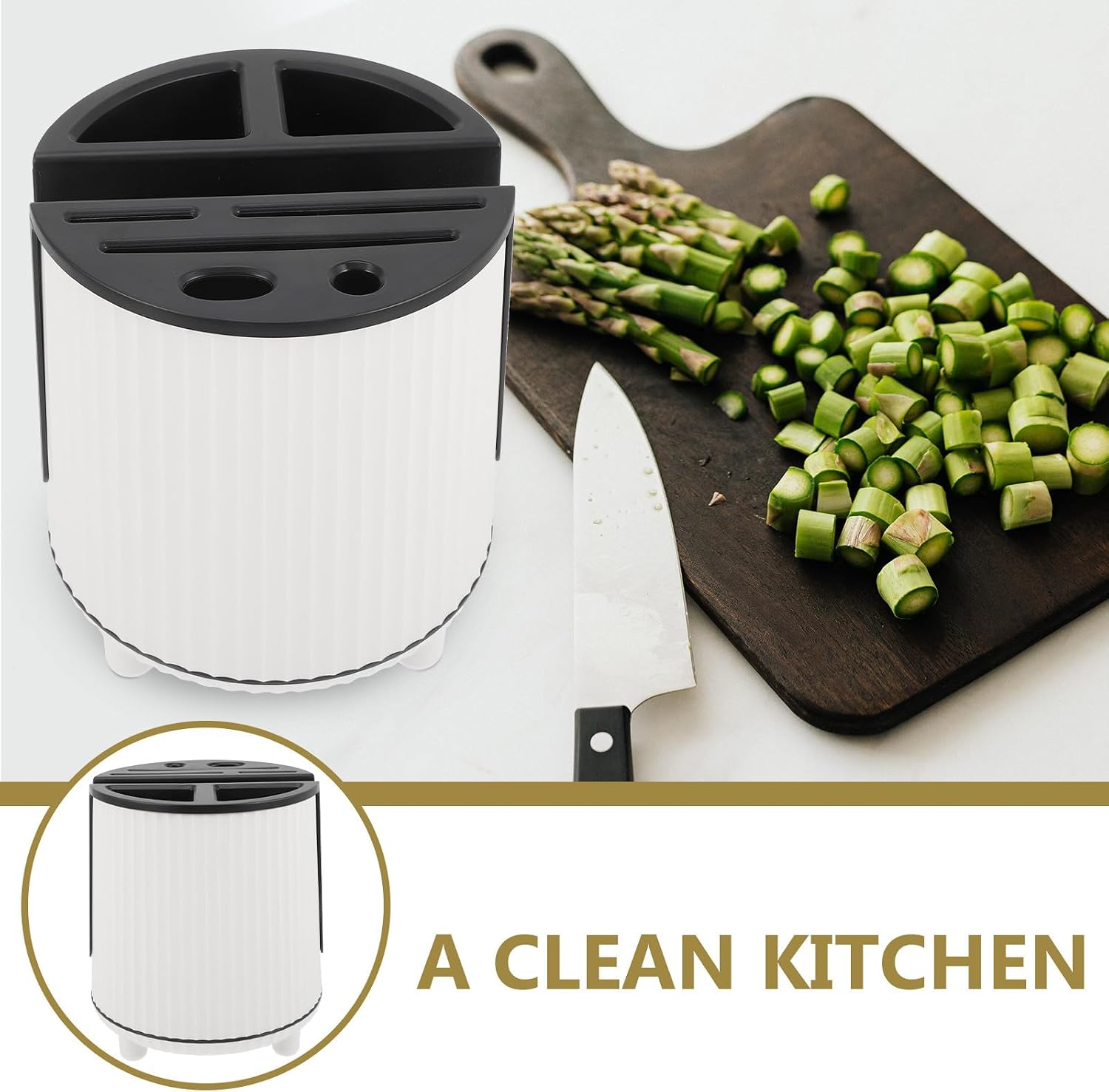 Rotating Kitchen Utensil Holder Knife and Chopsticks Storage, White Plastic Rotatable Countertop Organizer for Household Kitchen Essentials and Flatware