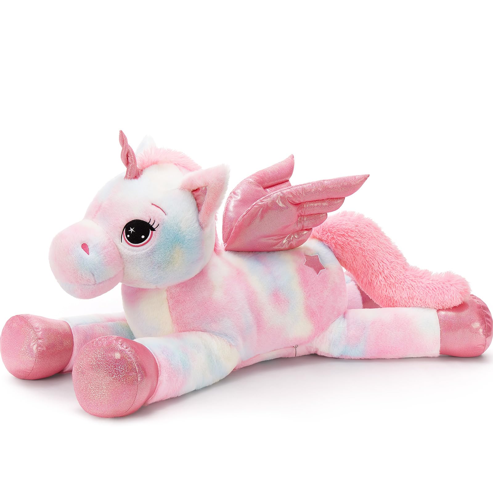 MorisMos XXL Unicorno Peluche Gigante, 110cm Tie-dye Rosa Unicorno Grande con Le Ali, Morbido di Peluche Regalo per Bambini Fidanzata Compleanno Natale