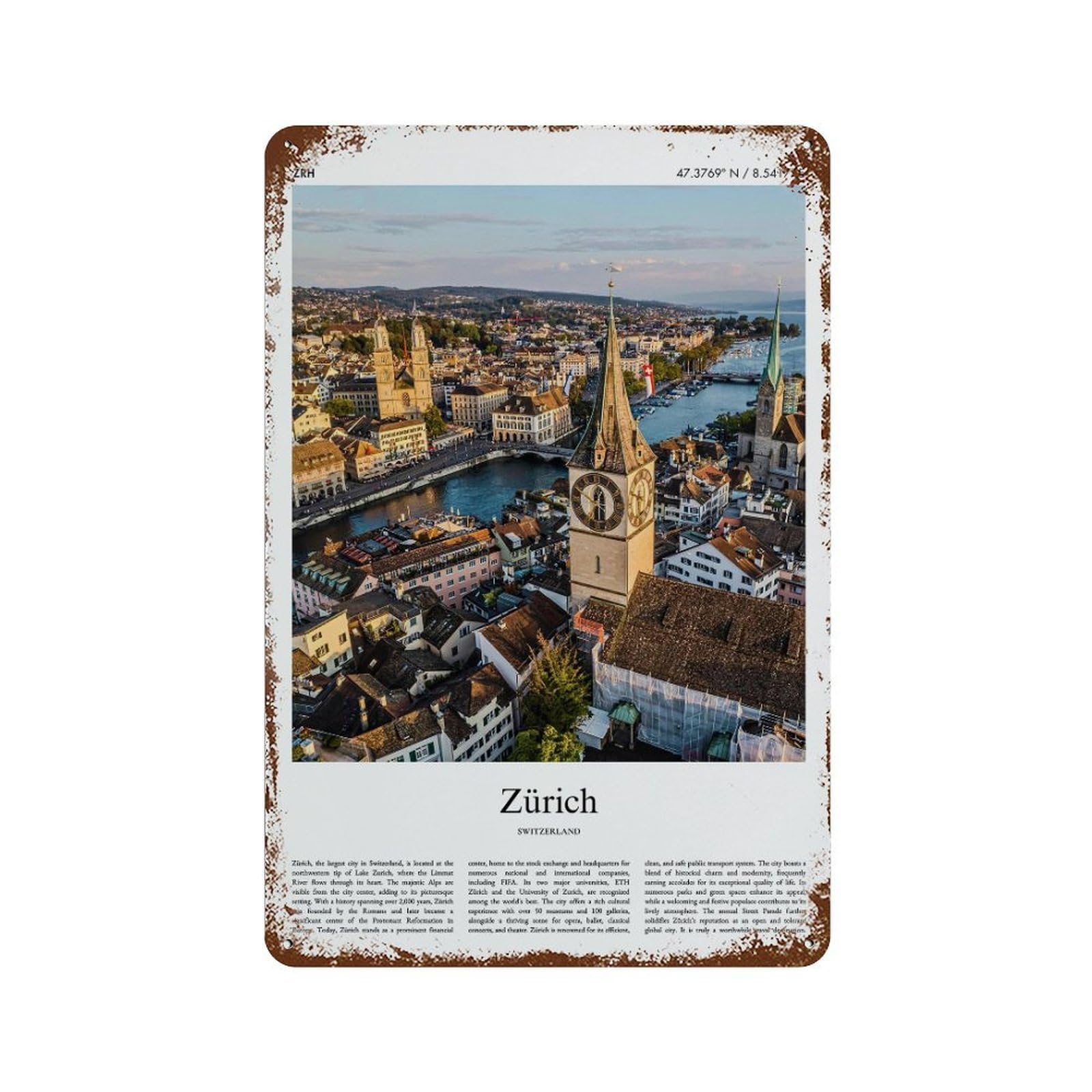 xiaoxiaoshen Zürich Switzerland City Scenery Wall Decor Art Metal Tin Poster Modern Home Decor Art Home Bar Shop Decorations Vintage Sign 30x20cm