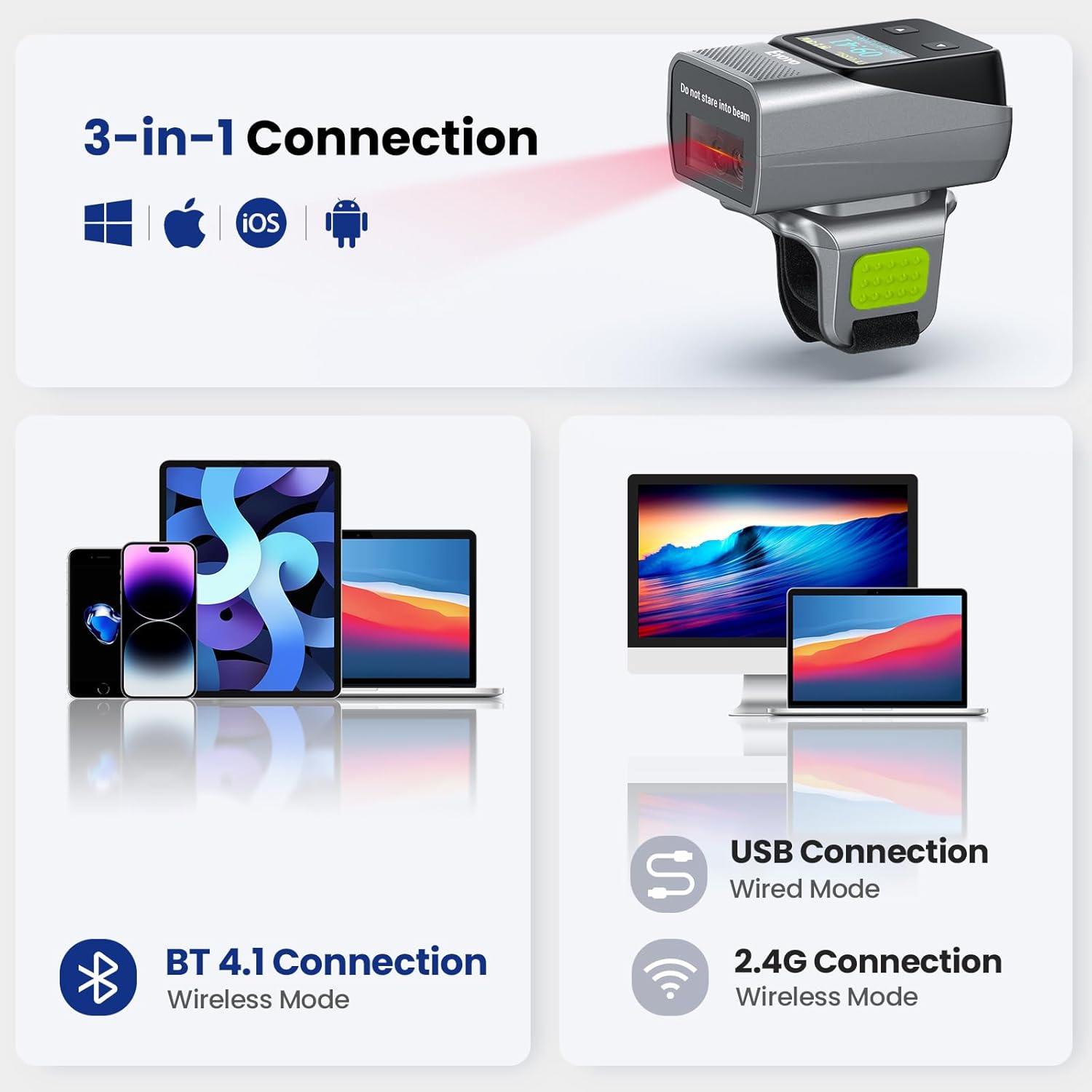 Eyoyo Ring Barcode Scanner with Screen: Fast & Long-Range Scanning, Mini Wearable 1D&2D Wireless Bluetooth Finger QR Code Scanner Compatible with iPhone iPad Android Phone for Warehouse Inventory