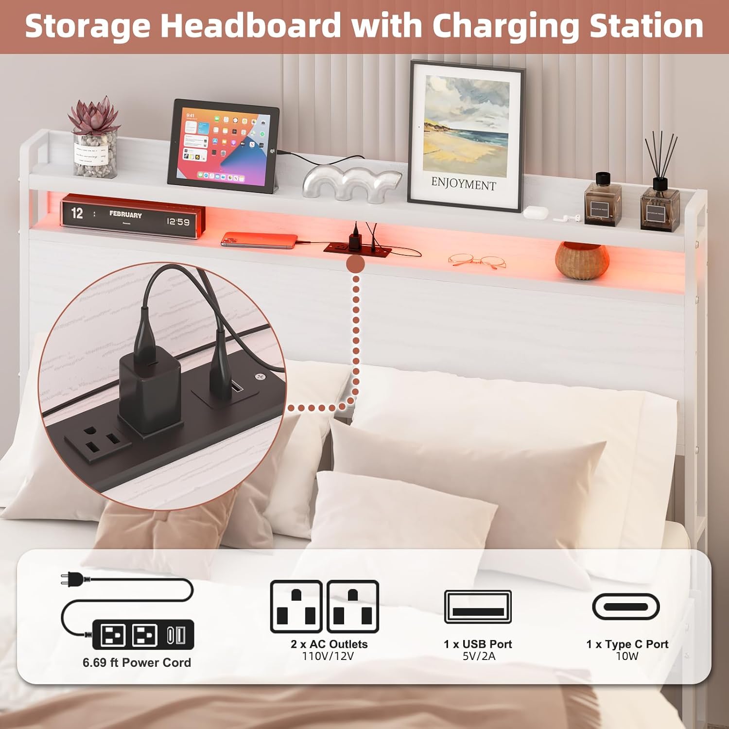 Elephance Headboard for Full Size Bed Frame with 2 Tier Storage, with Outlets, USB and Type C Ports and LED Light, Height Adjustable, Platform Bed Headboard Only, Easy Assembly, White