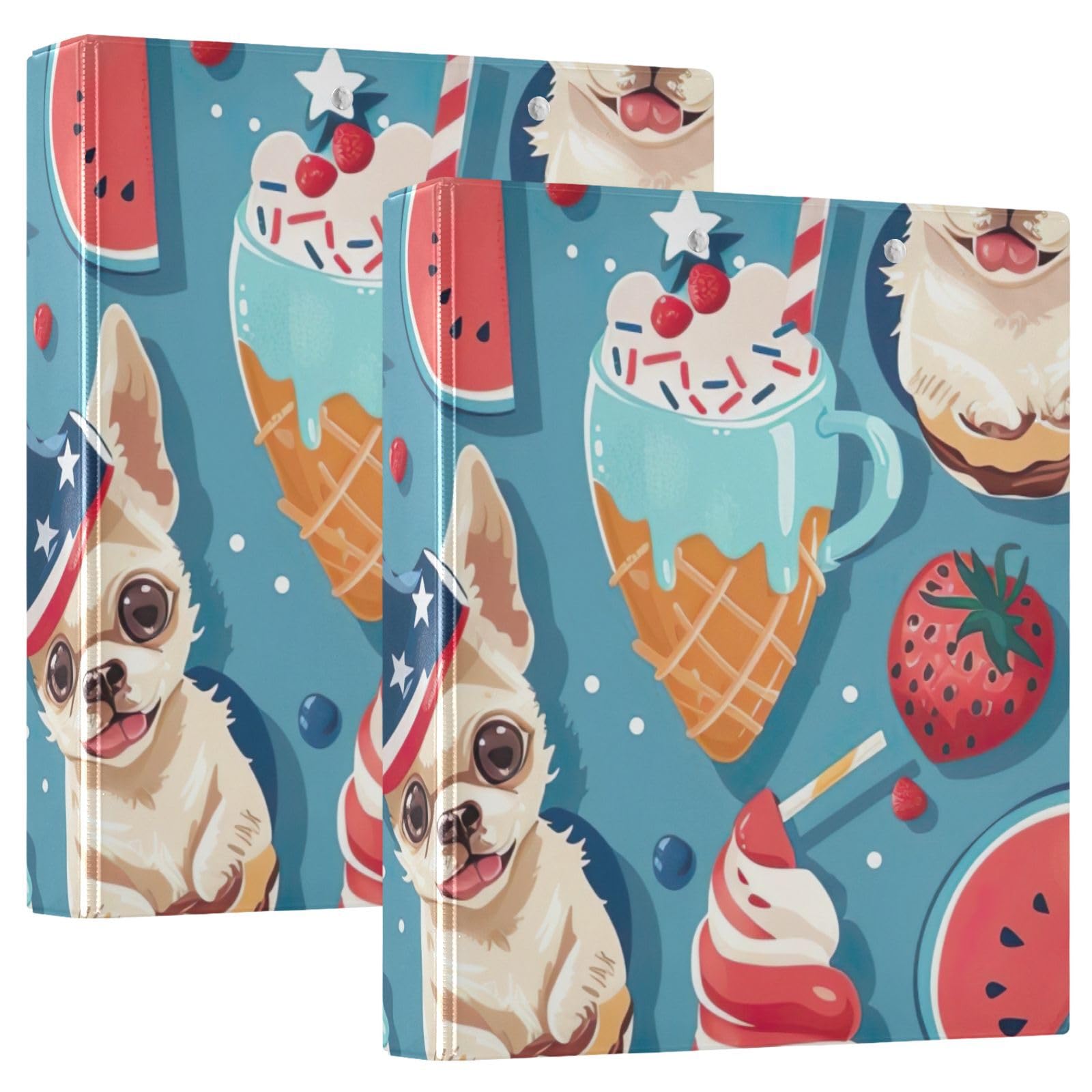 Raccoglitore a 3 anelli stampato, 3,8 cm, raccoglitore ad anelli a D con tasche, raccoglitore decorativo per scuola, università o ufficio, simpatico cane estivo, blu, taglia unica ex2