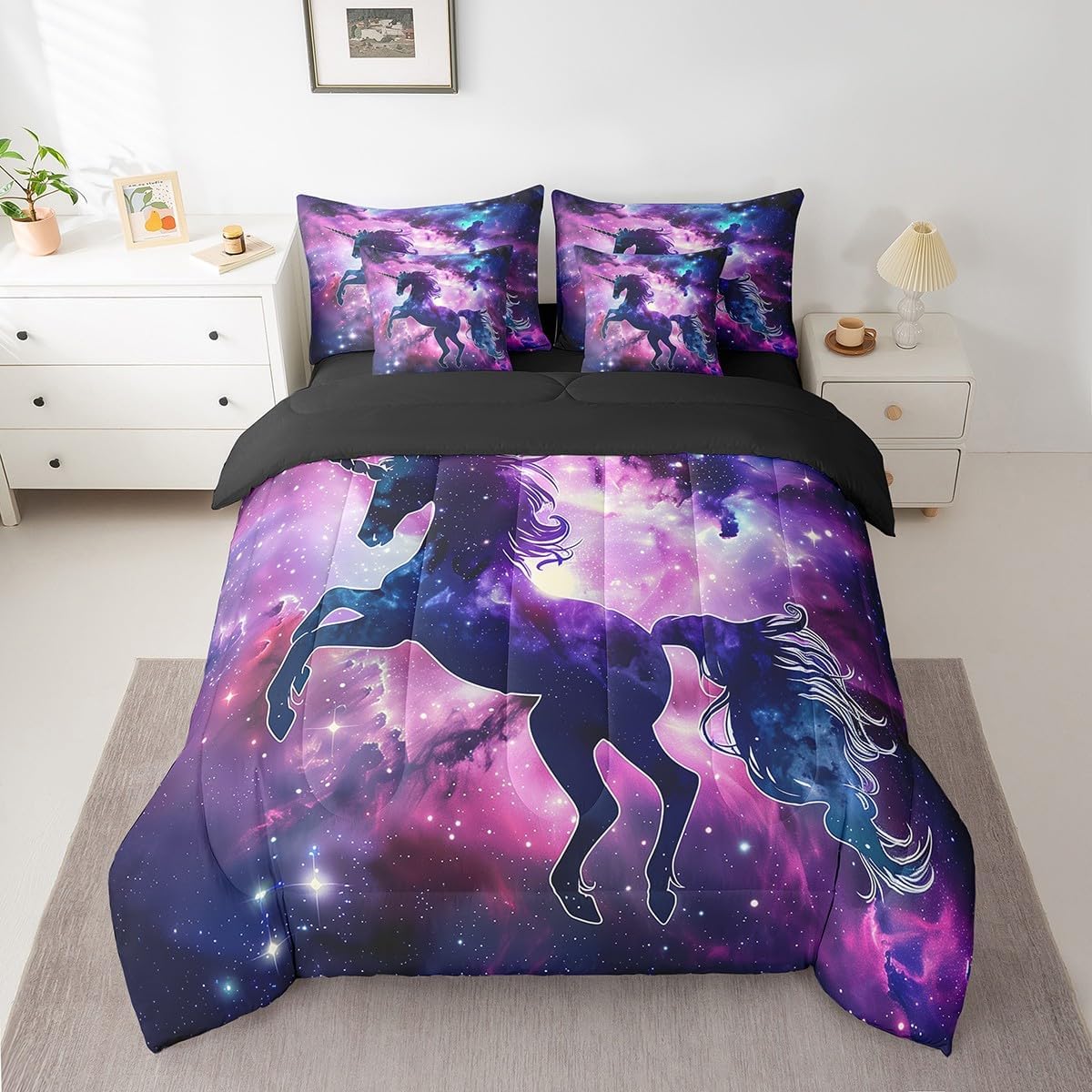 Erosebridal Girls Rainbow Unicorn Bed in a Bag Full 7 Pieces - Full Size Comforter Set,Kawaii Horse Bedding Sets Glitter Galaxy Magical Animal Bed Set with Comforter,Sheets,Pillowcases & Shams