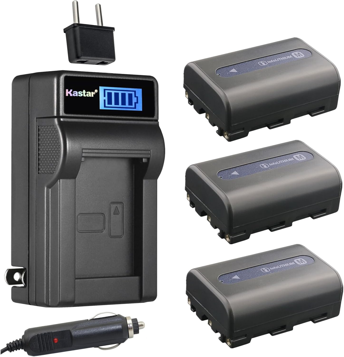 Kastar 3-Pack NP-FM50 Battery and LCD AC Charger Compatible with Sony MVC-CD200 MVC-CD250 MVC-CD300 MVC-CD350 MVC-CD400 MVC-CD500 HVL-ML20M HVR-A1 HVR-A1U DSLR-A100 Video GV-D1000 Cameras