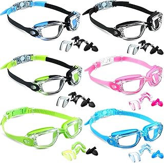6 Pack Swim Goggles Anti Fog Swimming Goggles Soft Silicone Frame No Leaking Pool Goggles Anti UV Swimming Glasses with 6 Nose Clips 6 Earplugs for Adult Women Men Youth Kid over 8 Years Old, 6 Colors
