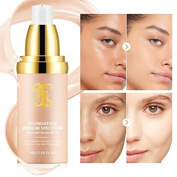4 in 1 Foundation Liquid, Medium Coverage Foundation Makeup with Flawless Finish, SPF 50& Longwearing & Waterproof, Hydrating Color Changing Foundation Light Spectrum for Gym, Sports, Dancing