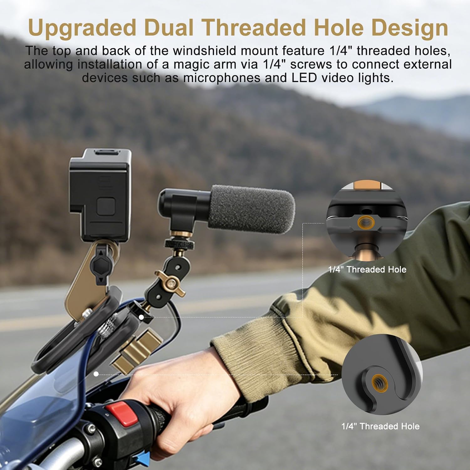 Motorcycle Windshield Action Camera Clamp Mount, Aluminum Alloy Clip Adapter with 3 Prong & 1/4" Screw Hole, Compatible with GoPro Hero 13/12/11/10, Insta360 X5/X4 DJI Osmo Action 6/5 Pro/4/3