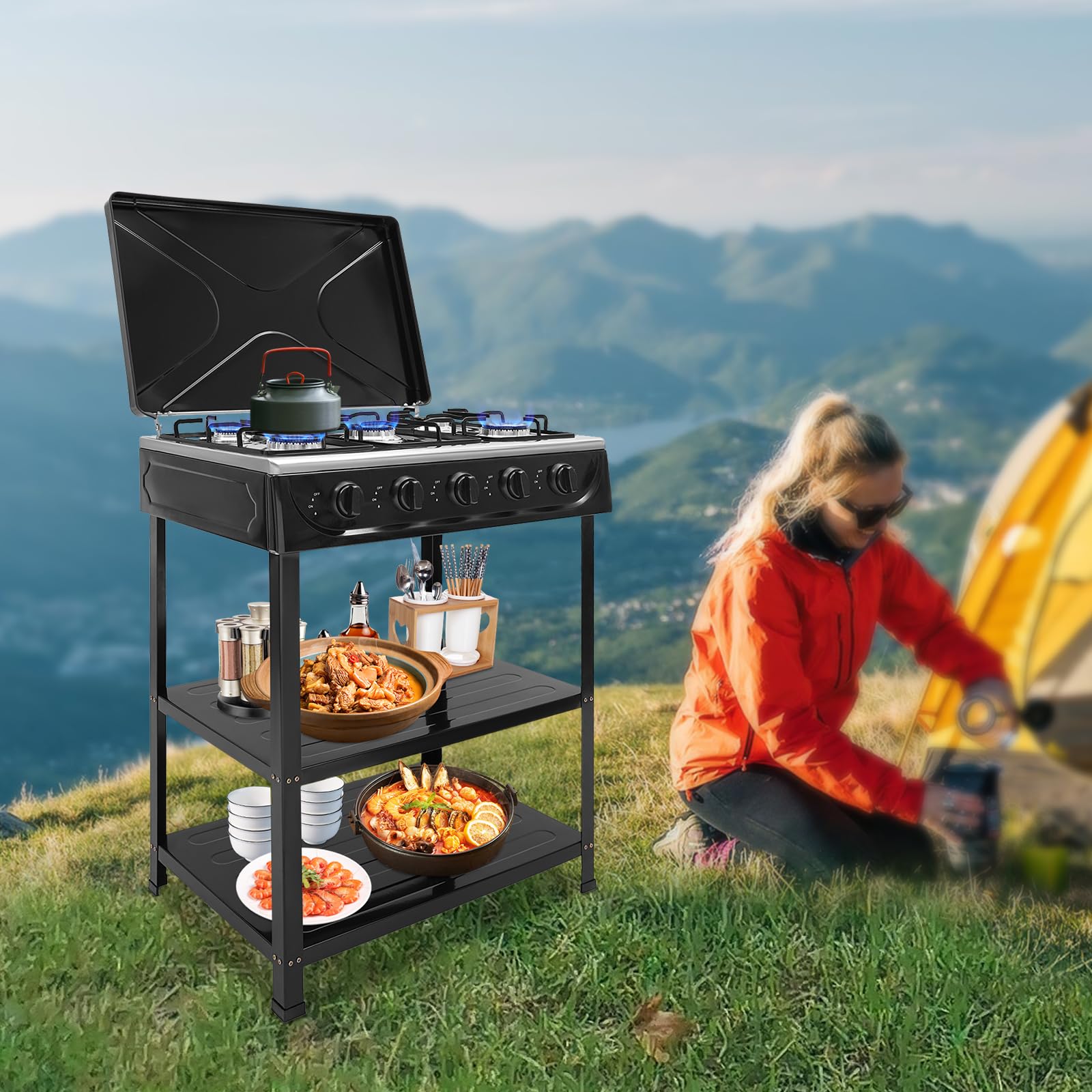 Fornello a gas naturale autoportante, per campeggio, 5 fuochi con piano cottura a gas, per camper, appartamento, cucina all'aperto