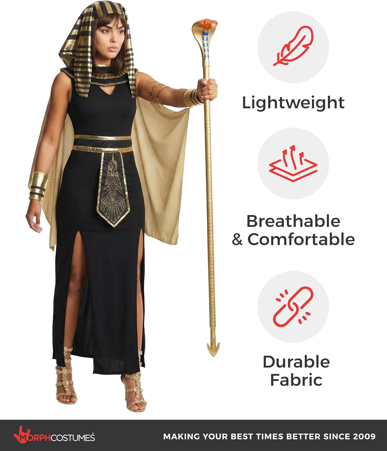 Morph Cleopatra Costume Including Light-Up Snake Staff, Egyptian Goddess Costume Women, Halloween Costumes for Women