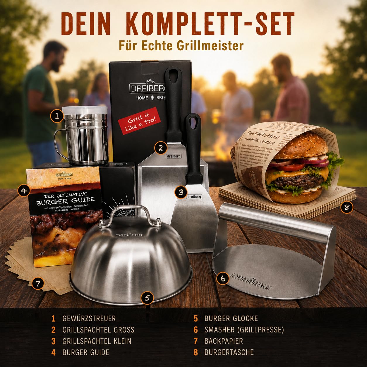 DREIBERG® Smash Hamburger Set in acciaio inox per plancha, barbecue a gas, teppanyaki con spatola per barbecue, carta hamburger, campana da scioglimento, pressa per barbecue, spargere spezie e