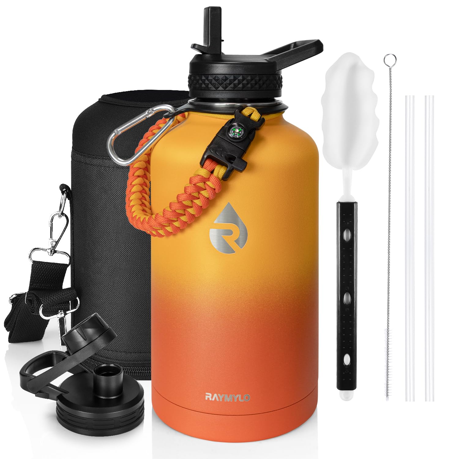RAYMYLO Insulated Water Bottle 64 oz, Triple Wall Vacuum Stainless Steel (Cold for 48 Hrs), Leak Proof & BPA-Free, Half Gallon Water Flask Jug with Paracord Handle & Straw Spout Lids, Ombre Orange