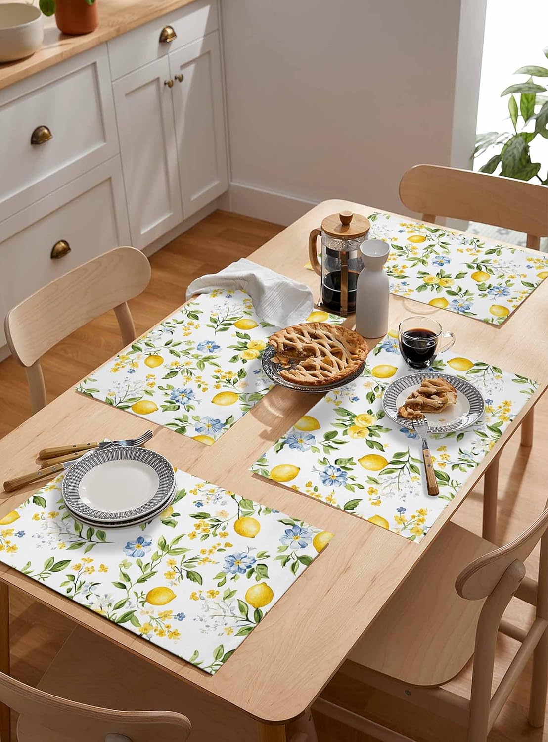 Lemon Tree Branch Placemats Set of 6 Yellow Blue Floral Fruit Eucalyptus Leaves 13x19 Inch Washable Non Slip Linen Table Mats, Rustic Summer Placemats for Dining Table Party Kitchen Decor