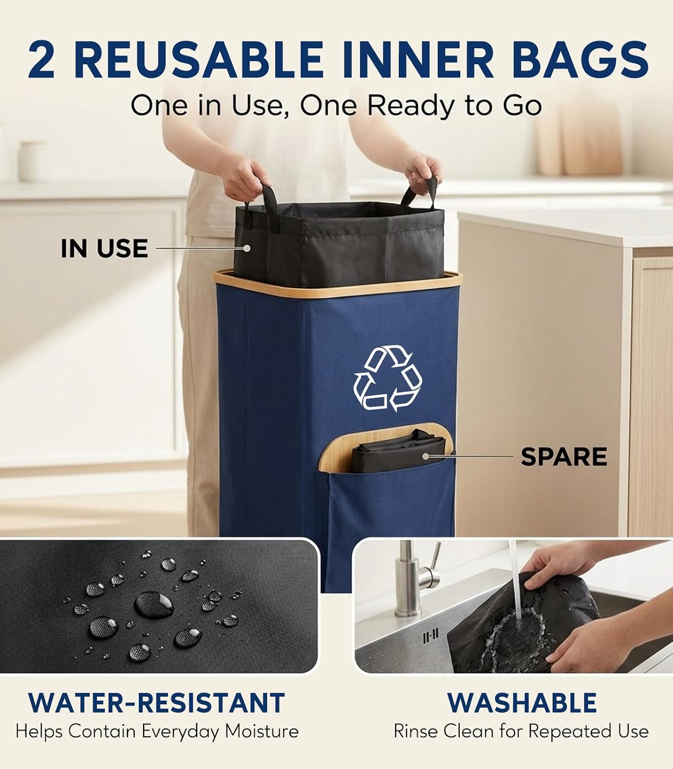 Recycling Bin for Kitchen with Bamboo Lid (Blue)