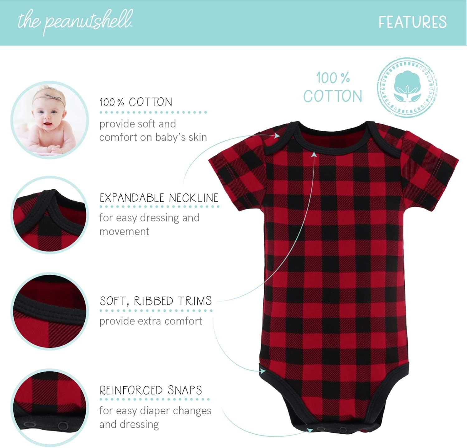 The Peanutshell Short Sleeve Baby Bodysuits Set for Boys or Girls - Woodland Animal & Buffalo Plaid - 5 Pack Set