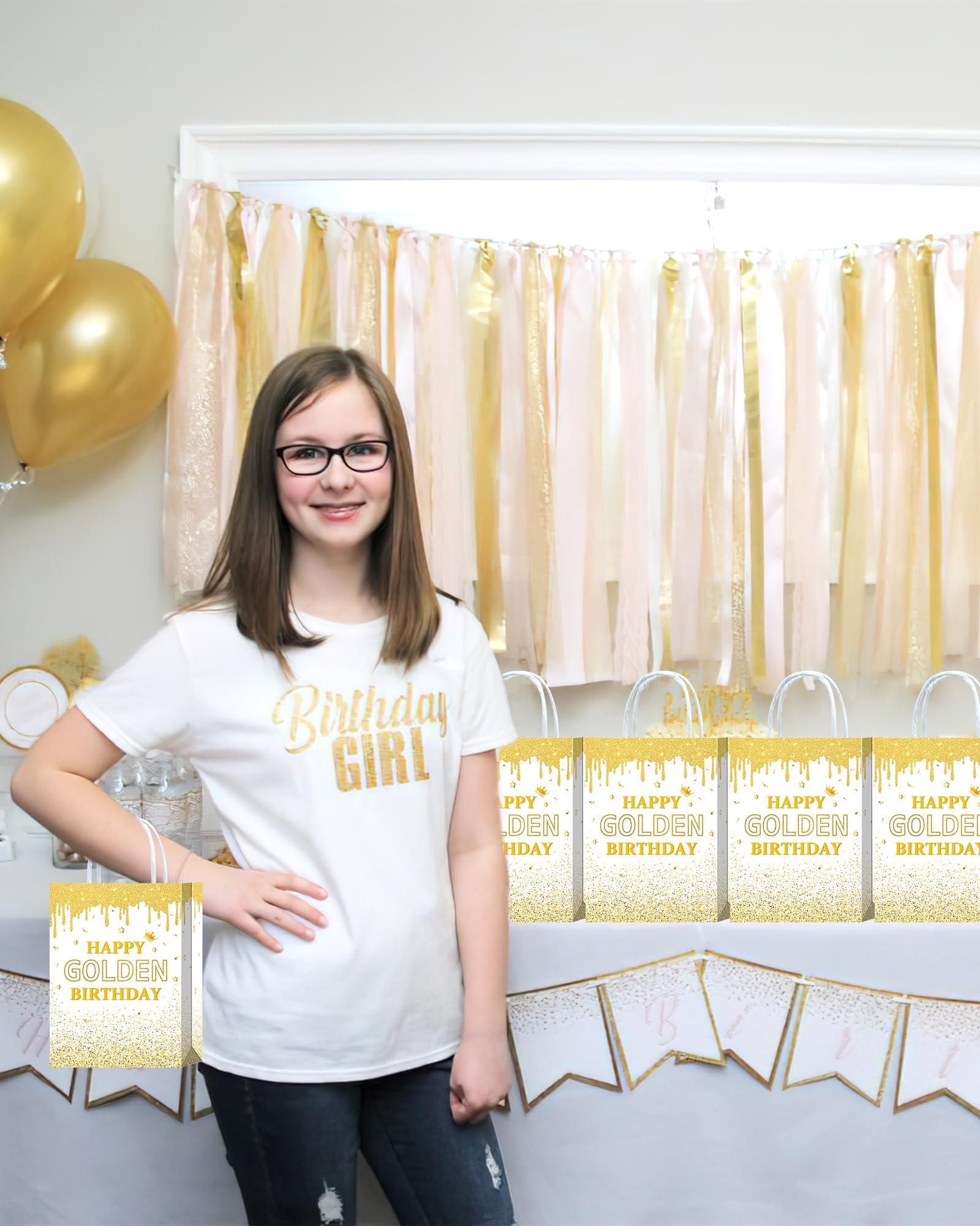 Roselush 16 szt. Happy Golden Birthday papierowe torby na prezenty białe - torby na gadżety, torby na upominki imprezowe dekoracje urodzinowe złote