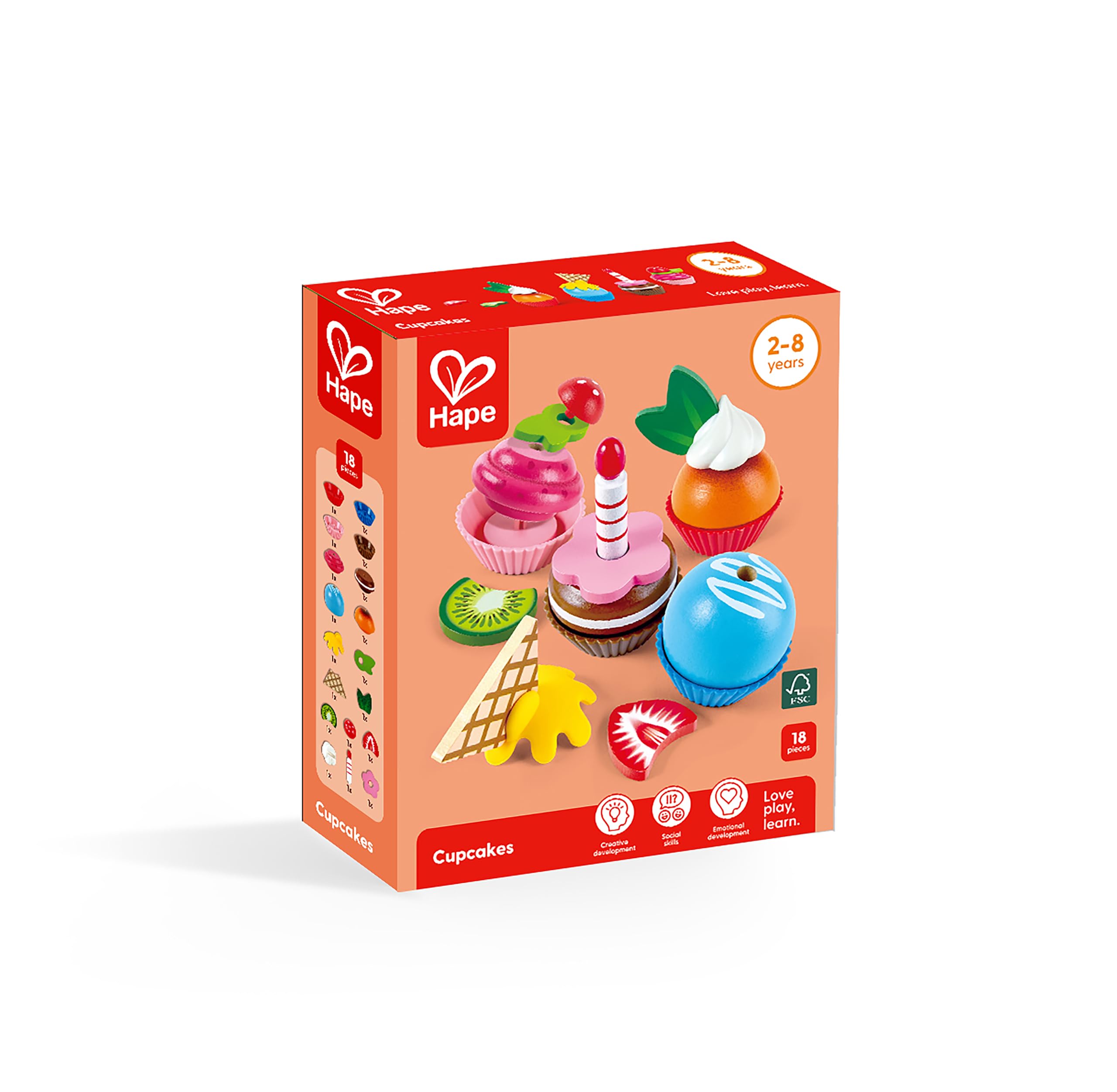 Hape E3157 Colourful Wooden Cupcakes, Realistic Pretend Play Food Kitchen Toy for Children Ages 3+ Years, Multicolor