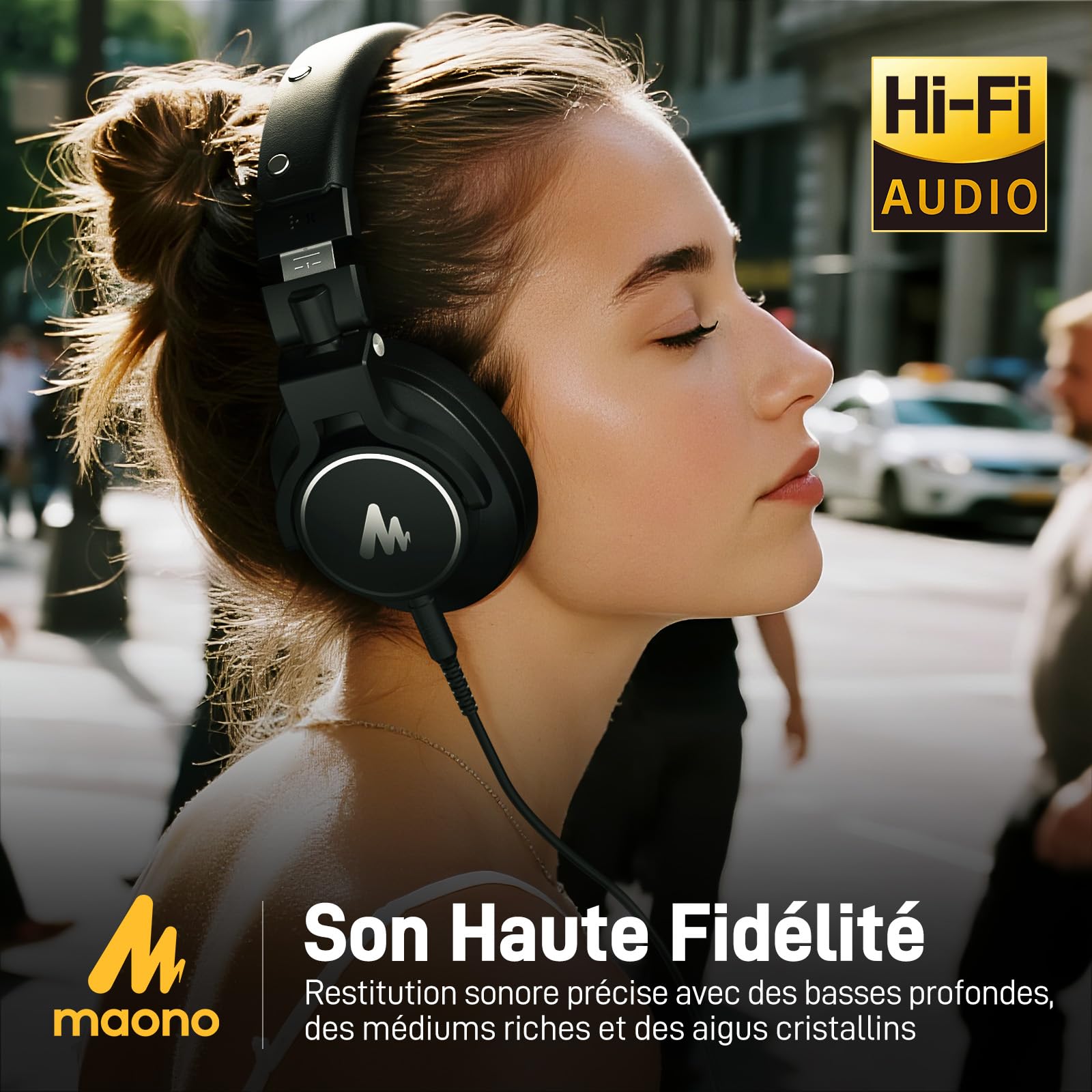 MAONO Casque Audio Filaire Professionnel de Studio avec Câble Détachable de 6,35 mm & 3,5 mm, pour Le Monitoring, Compatible avec Les Microphones, Téléphones, Ordinateurs, Pianos, MH700 Noir
