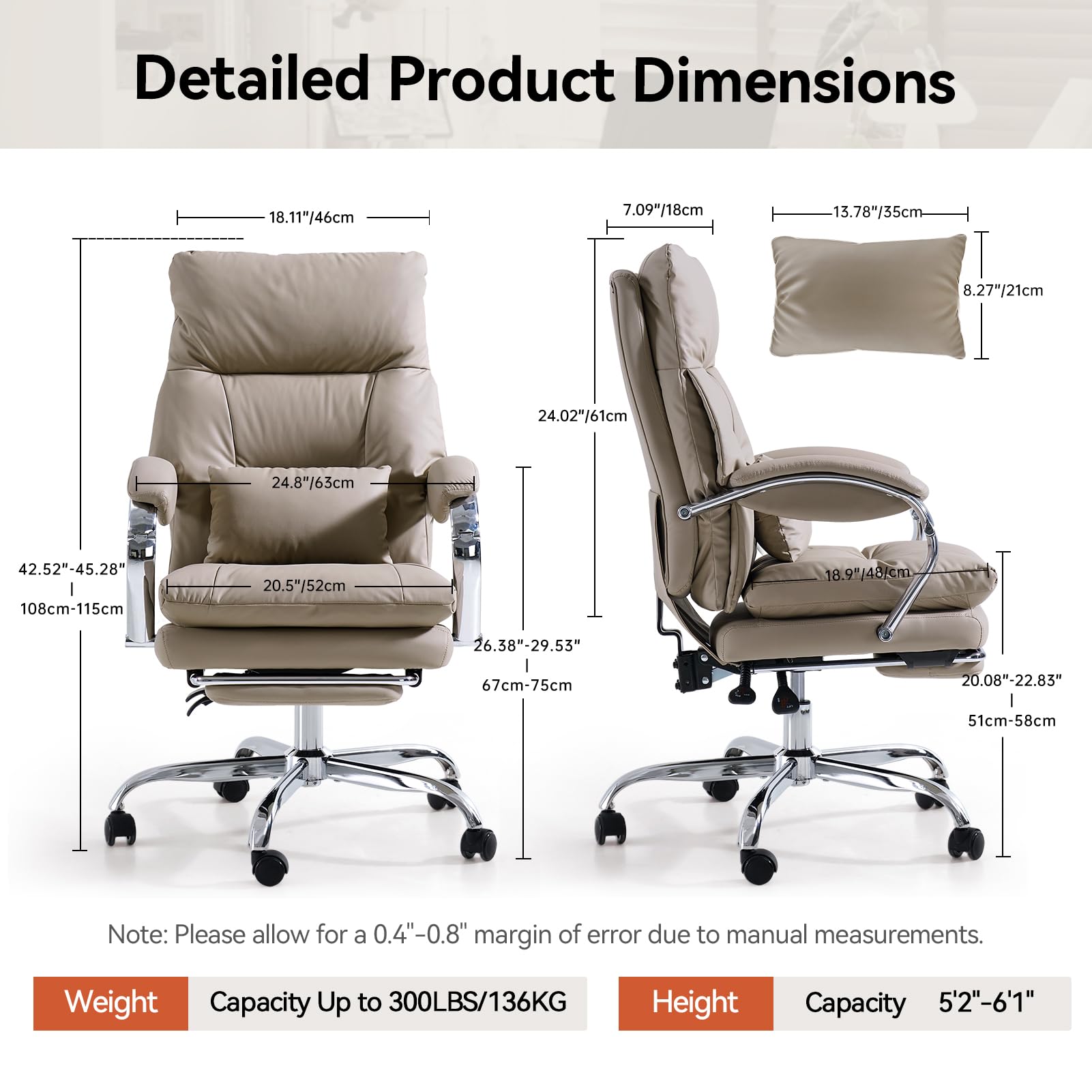 EMIAH Bürostuhl mit Fußstütze, Bequemer Schreibtischstuhl mit Gekreuzten Beinen und Armlehnen, Ergonomischer Chefsessel aus PU Leder mit Rollen, Computer Gaming Stuhl mit Verdicktem Kissen, Khaki