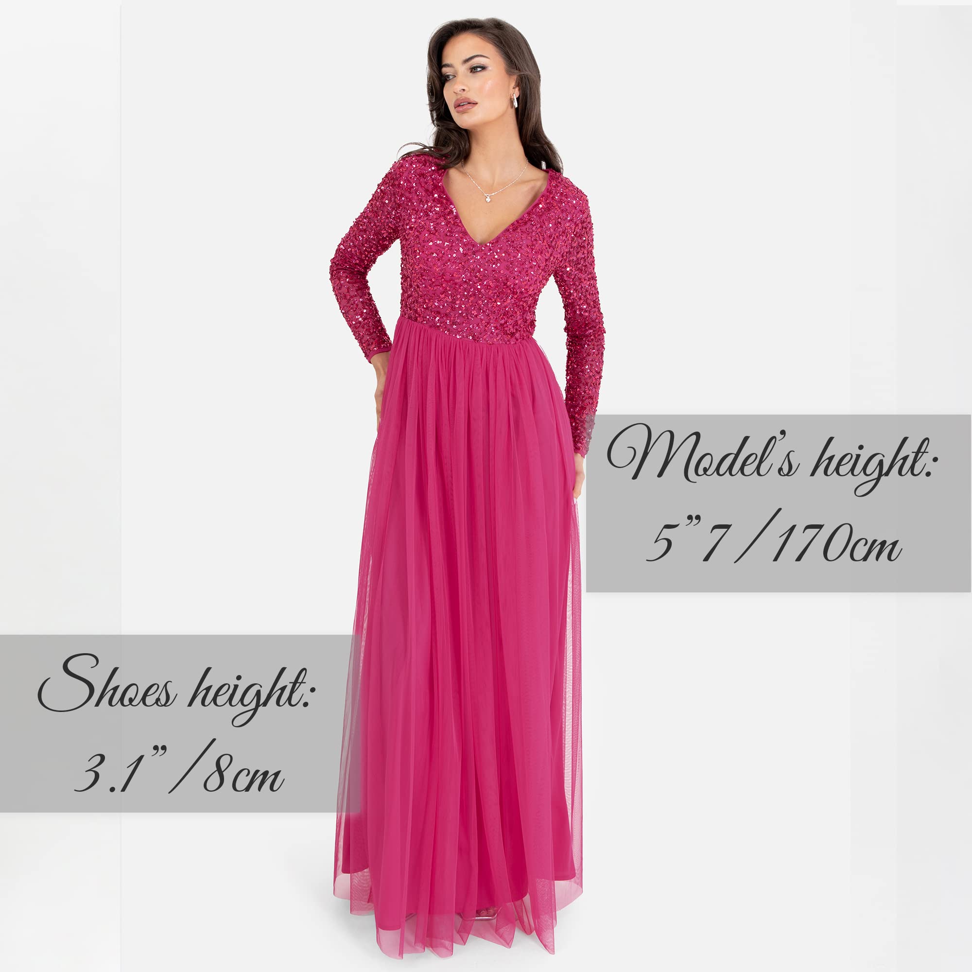 Maya Deluxe Sukienka Kobiety Womens Ladies Dress Long Sleeve For Wedding Guest V Neck High Empire Waist Maxi Long Length Evening Bridesmaid Prom (1 w zestawie)