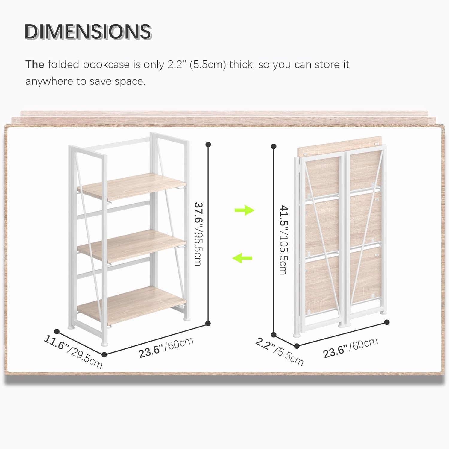 4NM No Assembly Folding Bookshelf Storage Shelves 3 Tiers Vintage Bookcase Standing Racks Study Organizer Home Office (Natural White) - Image 2