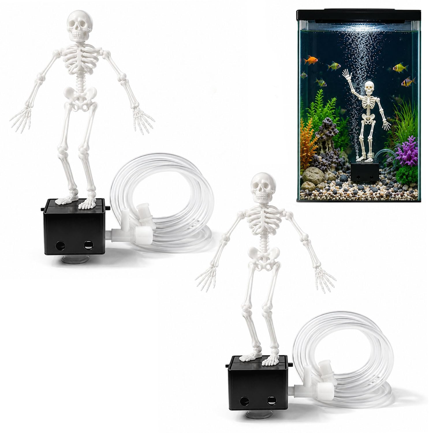 Hawiat Dancing Skeleton Aquarium Bubbler, Halloween Fish Tank Ornament with Moving Skull, Air Powered Oxygenating Decor, Adjustable Bubbles, 1-Meter Air Hose, Funny Gift for Fish Lovers (2pcs)