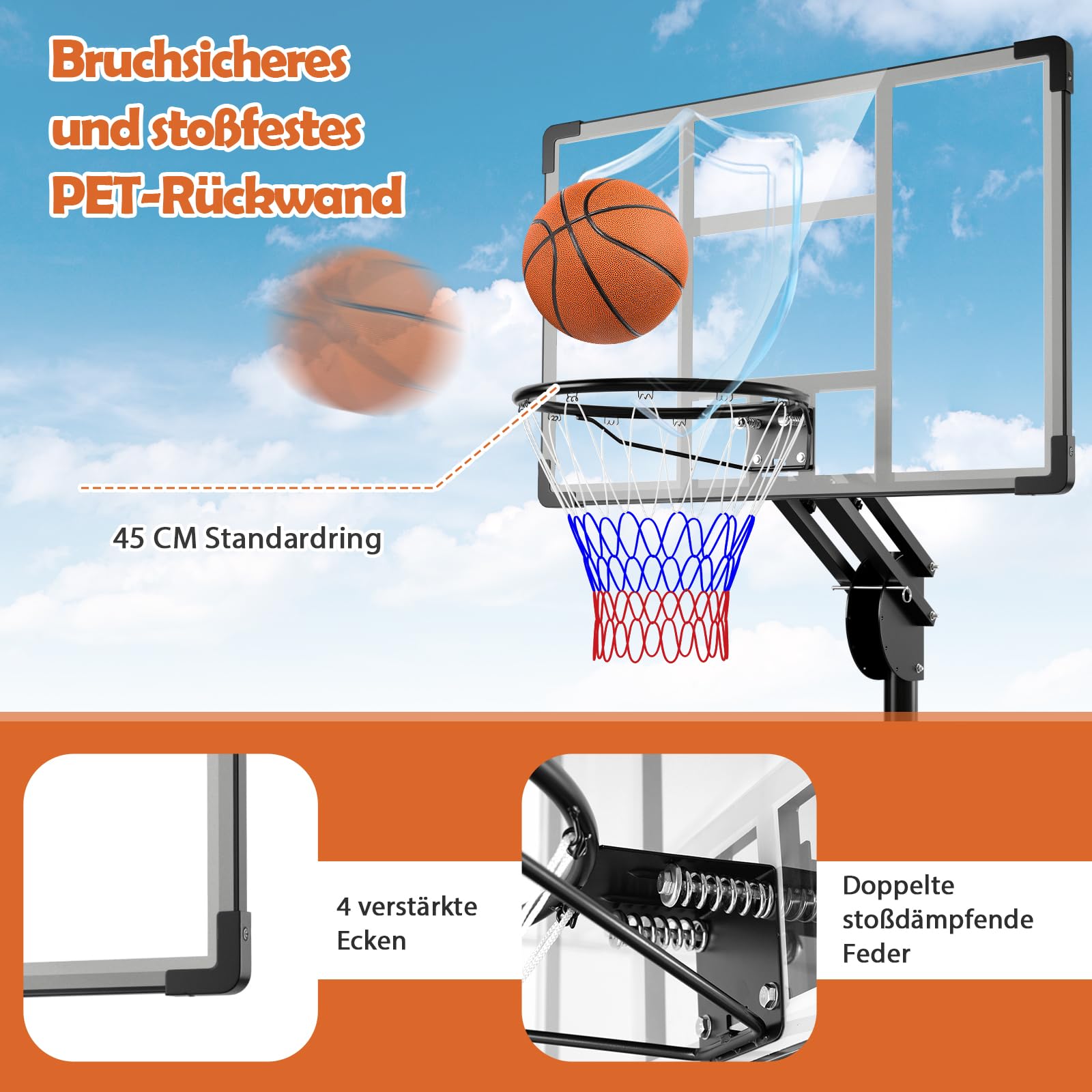 GYMAX Aro de Baloncesto Portátil Interior y Exterior, Sistema de Aro de Baloncesto Ajustable en Altura con Tablero Resistente a Roturas, Base Rellenable, Ruedas y Bolsa de Peso para Niños y Adultos