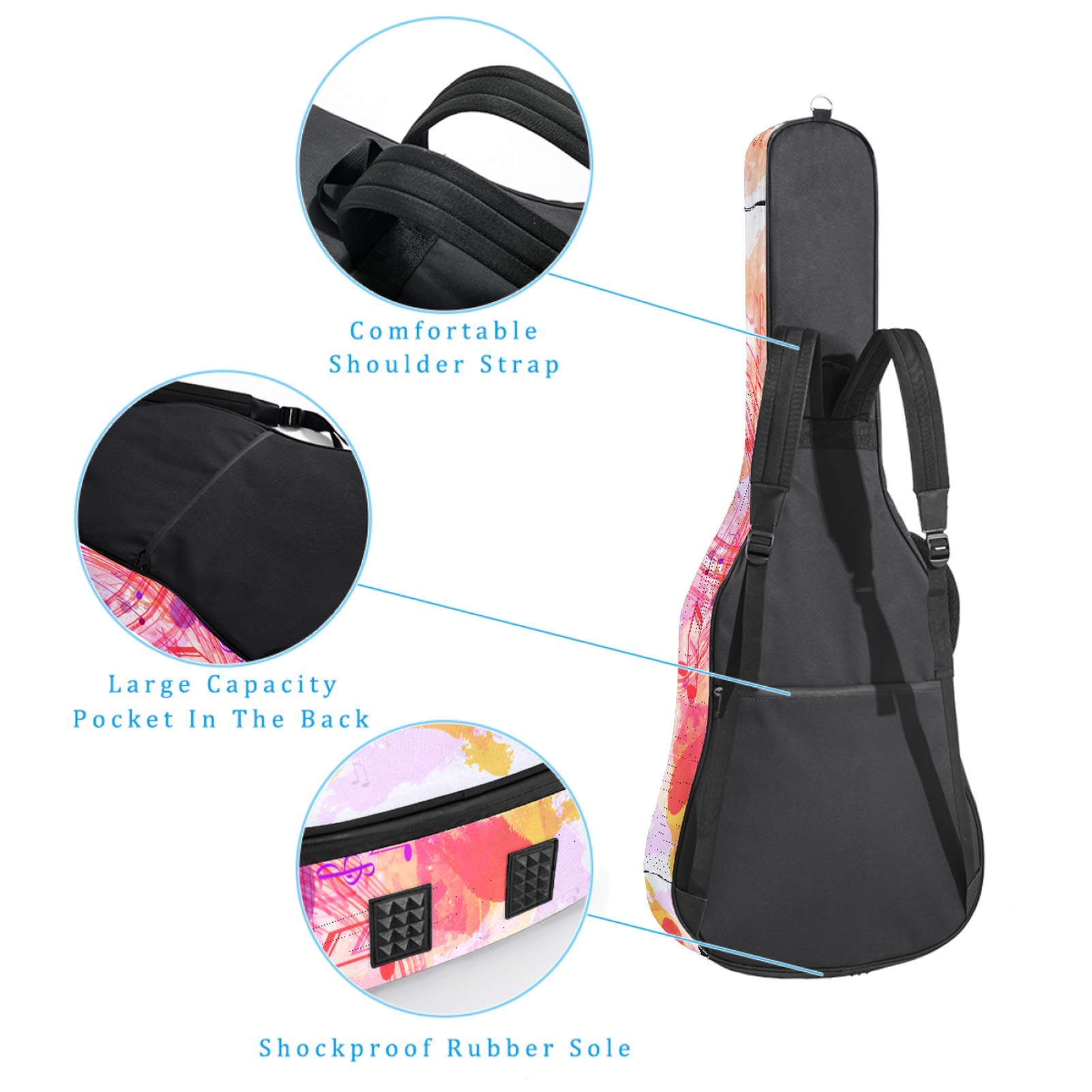 Gitarrentasche mit Reißverschluss, wasserdicht, weich, für Bassgitarre, Akustik- und klassische Folk-Gitarre, Pink mit Musiknoten