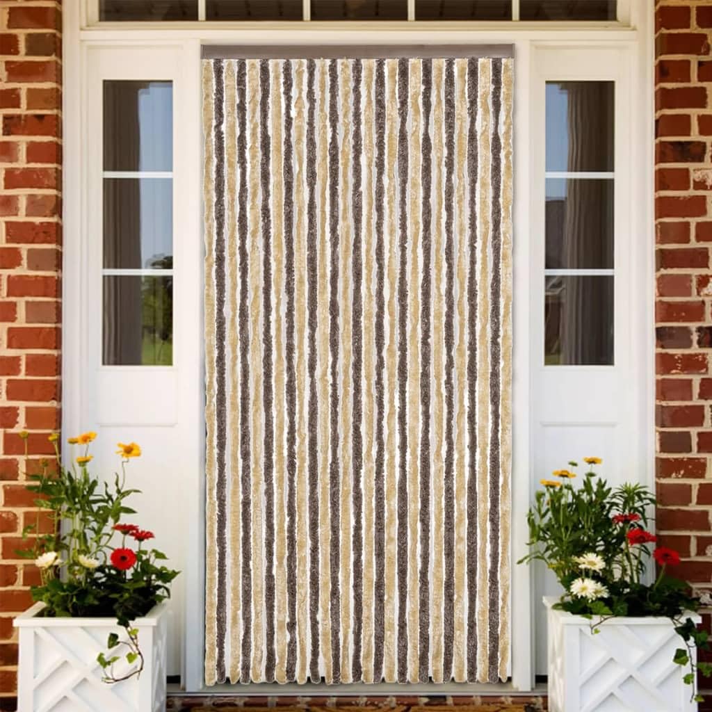 Rideau anti-mouches en chenille marron foncé et beige, 118 x 220 cm