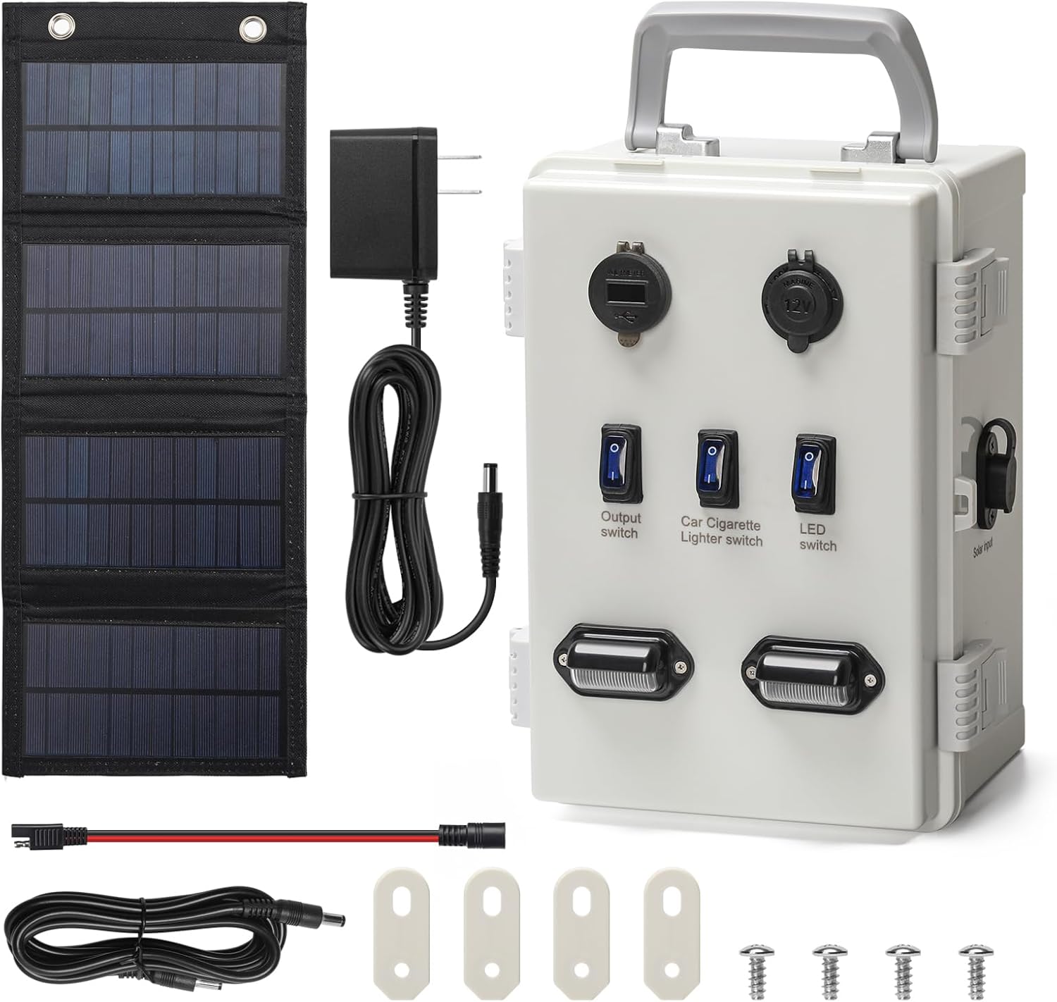 The Charger | TXL Searching Blind Equipment 12 Volt Charging Port System with 12.8V 10AH Battery, USB Ports, LED Lights, Cigarette Lighter Socket, Photo voltaic Panel, Connectors & Climate-Resistant Housing
