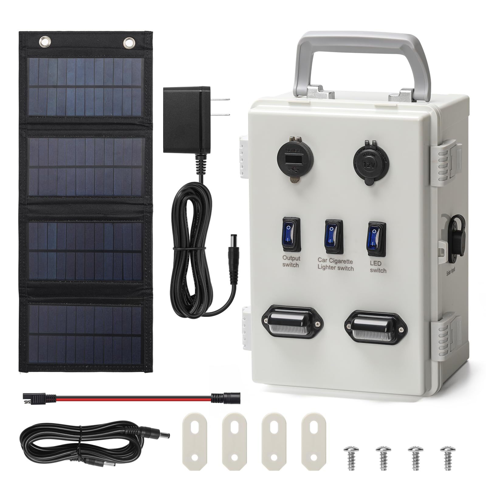 TXL The Charger Hunting Blind Accessories 12 Volt Charging Port System with 12.8V 10AH Battery, USB Ports, LED Lights, Cigarette Lighter Socket, Solar Panel, Connectors & Weather-Resistant Housing