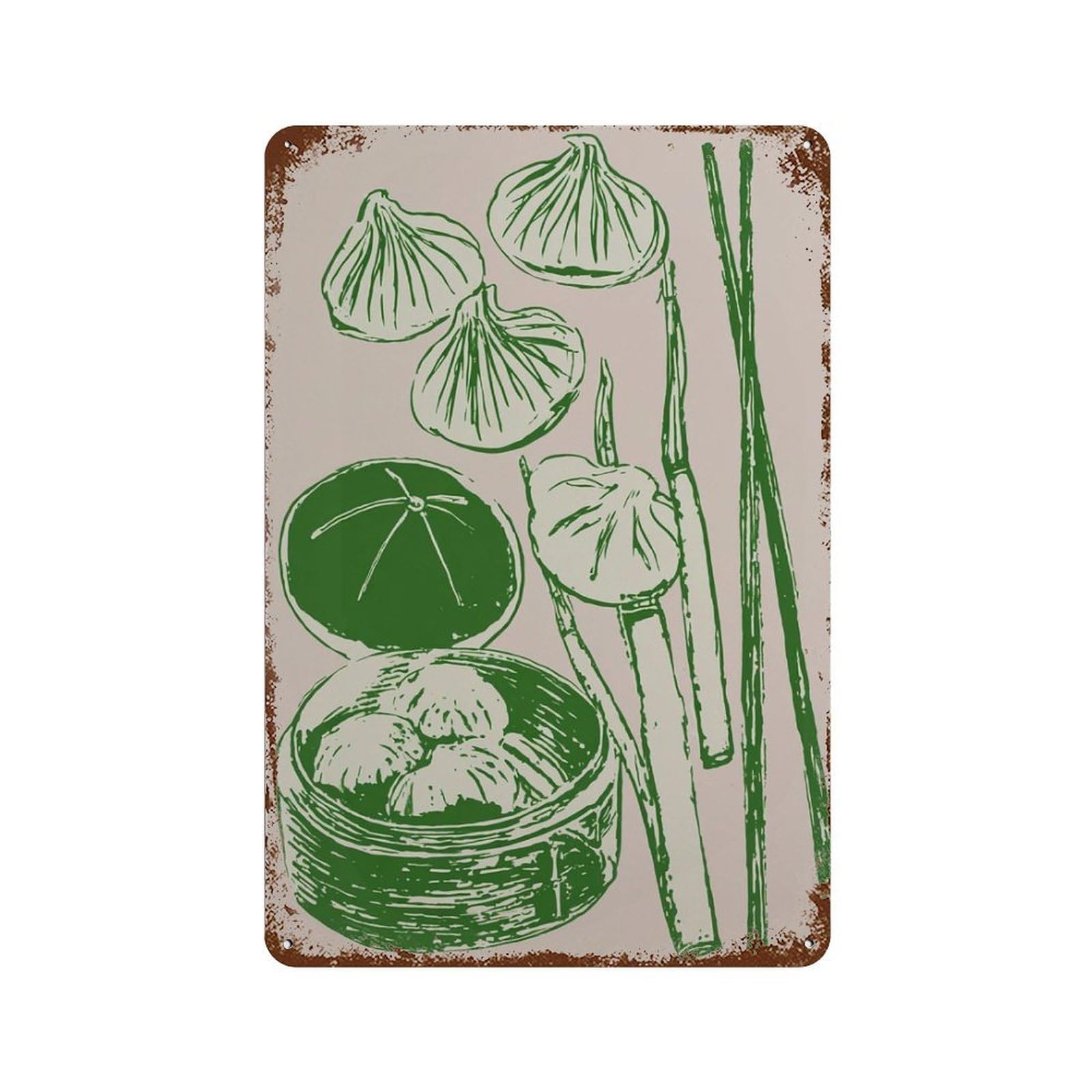 xiaoxiaoshen Dumpling Pink Green Kitchen Asian Food Minimalist Linocut Wall Decor Art Metal Tin Poster Modern Home Decor Art Home Bar Shop Decorations Vintage Sign 30x20cm
