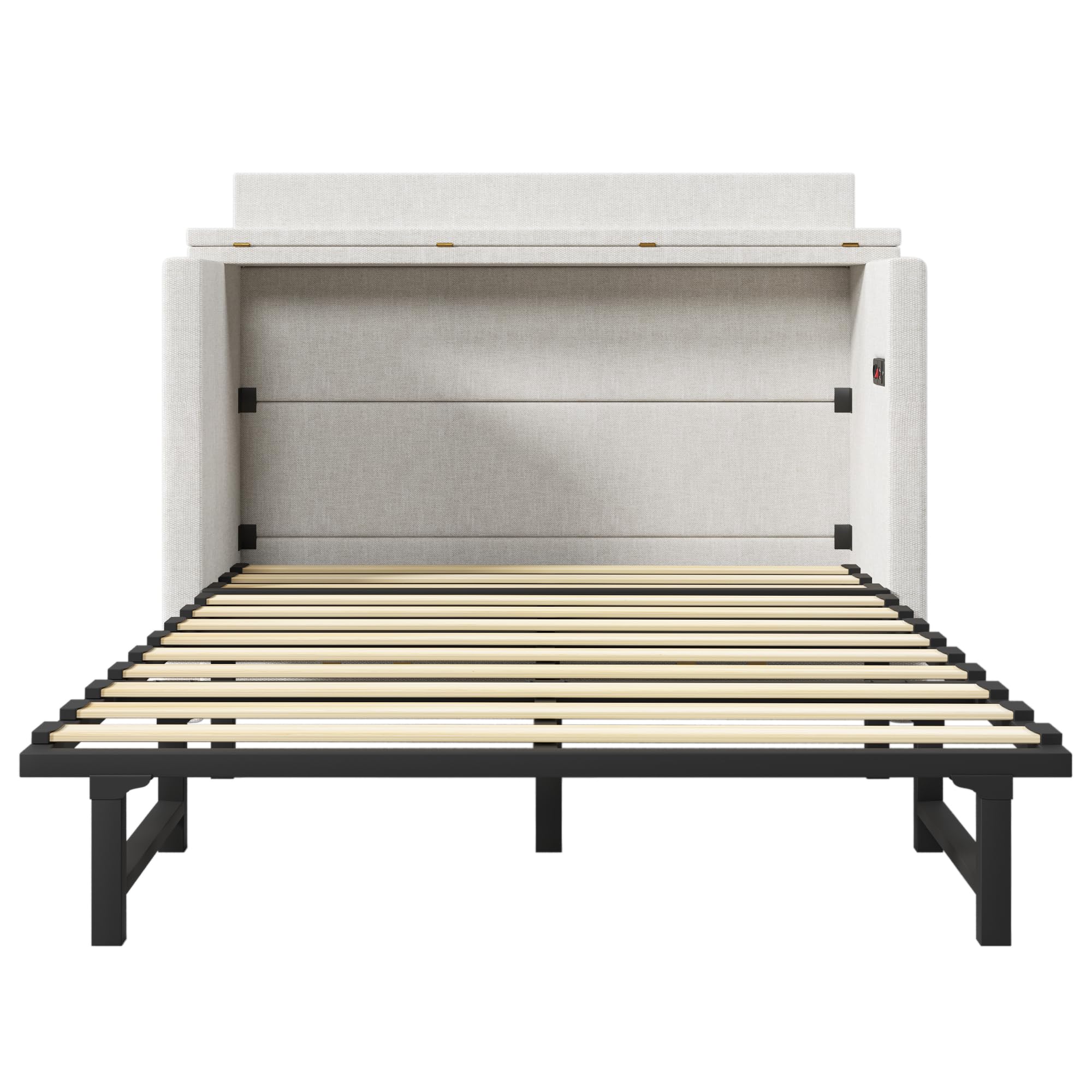 Armario cama de 140 x 200 cm, con un cajón, cama móvil con compartimento de almacenamiento junto a la cama, con conexiones USB y tipo C, cama con plataforma convertible, sin colchón, lino