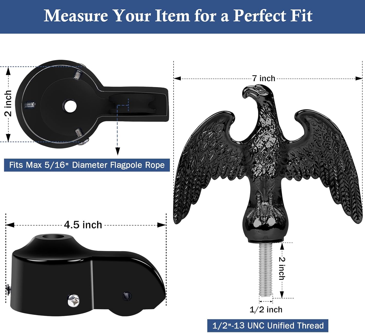 NQ Flagpole Hardware Repair Parts Kit,50FT Halyard Rope+7" Eagle Topper+6" Zinc Alloy Cleat+4 PCS Metal Swivel Snap Clips+Aluminum Alloy Flagpole Truck with Pulley for 1.6"-2" Flag Poles(Black)