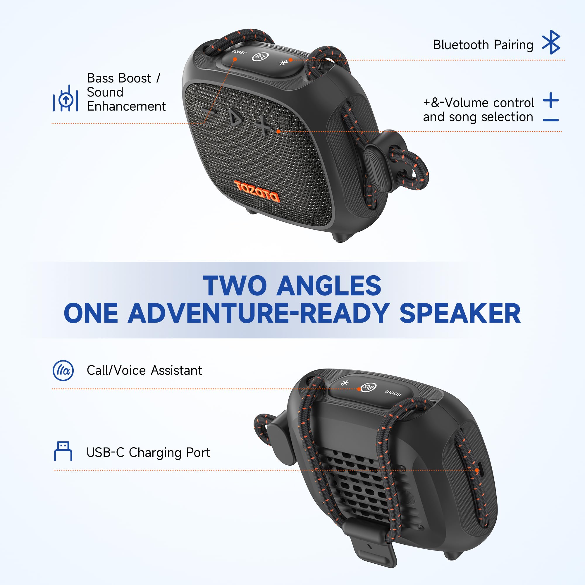 TAZATA Altoparlante esterno robusto, impermeabile IPX7, altoparlante Bluetooth galleggiante con 11 ore di autonomia, accoppiamento TWS, cinturino integrato per ciclismo, pesca, doccia, campeggio