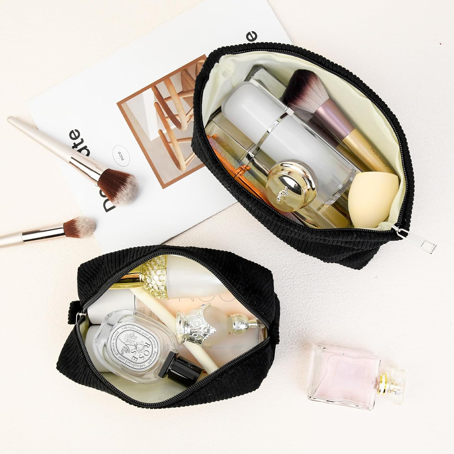 SOIDRAM 2 Pcs Corduroy Makeup Bag Large Cosmetic Bag Toiletry Bag Makeup Pouch Travel Bag Organizer Cute Makeup Brushes Aesthetic Accessories Storage Bag for Women Black thumbnail