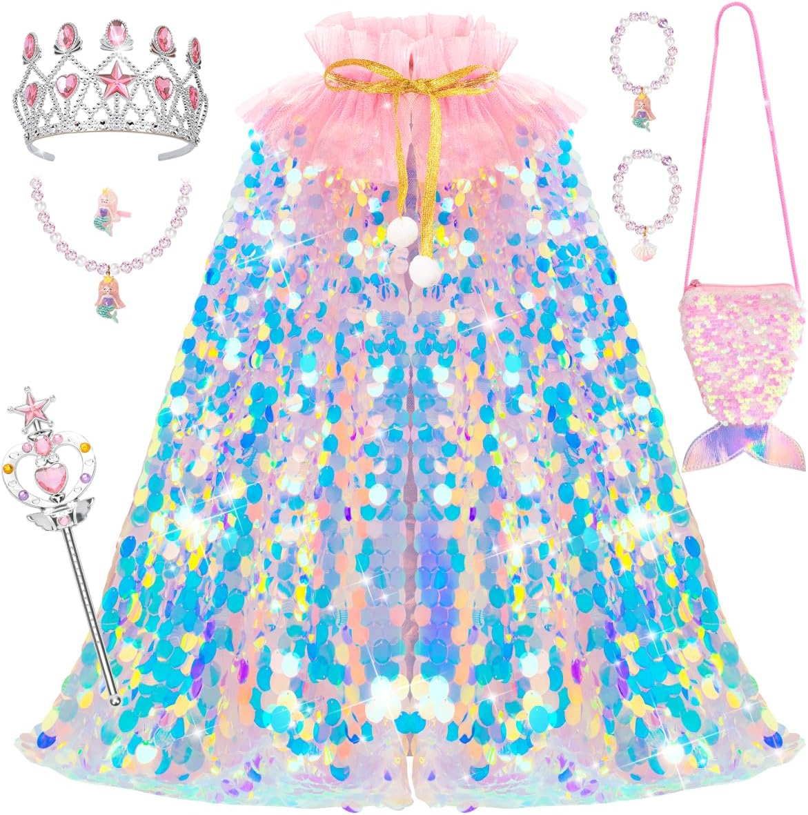 Meland Mermaid Princess Cape Dress Up for Girls 3-8, 11PCS Sequin Costume with Crown, Bag, Jewelry - Birthday Halloween Gift