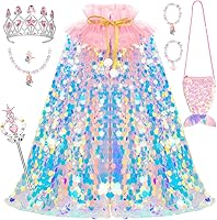 Meland Mermaid Princess Cape Dress Up for Girls 3-8, 11PCS Sequin Costume with Crown, Bag, Jewelry - Birthday Halloween Gift
