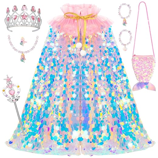 Meland Mermaid Cape for Princess Dress Up, Toy Gift for Girls Ages 3-8 | Sparkly & densely sequin cape with bag, premium dress up clothes for pretend play, Christmas birthday gift, Halloween costume