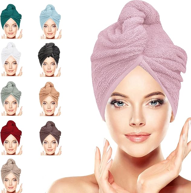LUXURY Hair Towel Wrap 100% Cotton, Instant Drying Lightweight Turban Cap Super Quick Absorbent Anti-Frizz Twist Toweling Dry Hat with Button Loop for Long Curly Hairs, 62CM x 23CM Pink Single