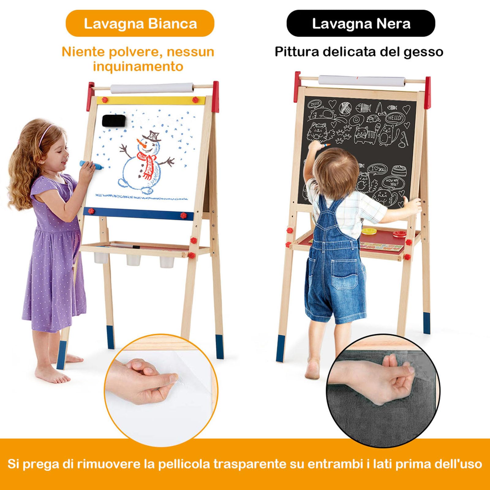 COSTWAY Cavalletto per Bambini 3 in 1, Lavagna Bifacciale, Cavalletto per Disegnare, con Rotolo di Carta, Lavagna Bianca Magnetica, Accessori Completi, in Legno (60x55x(112,5-124,5) cm)