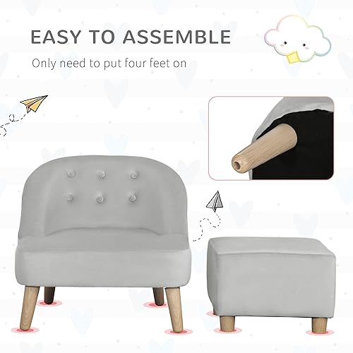 Miniatura 5 de Qaba Juego de sofá para niños, silla infantil, sofá y otomana para dormitorio, sala de juegos, sofá infantil para niños de 3 a 5 años, color gris