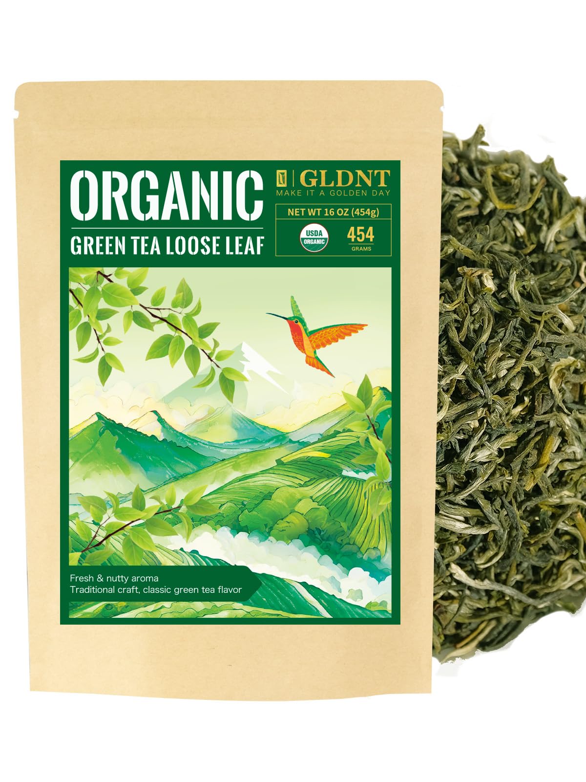 GLDNT Organic Green Tea, Loose Leaf, High Mountain, Smooth & Delicate Flavor, Caffeinated, 16oz