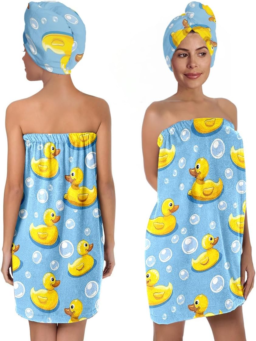 Bath Wrap Set with Hair Turban, Rubber Duck Print Spa Towel Wrap, Blue and Yellow, Elastic Chest 39-59 inches, Strong Adhesion