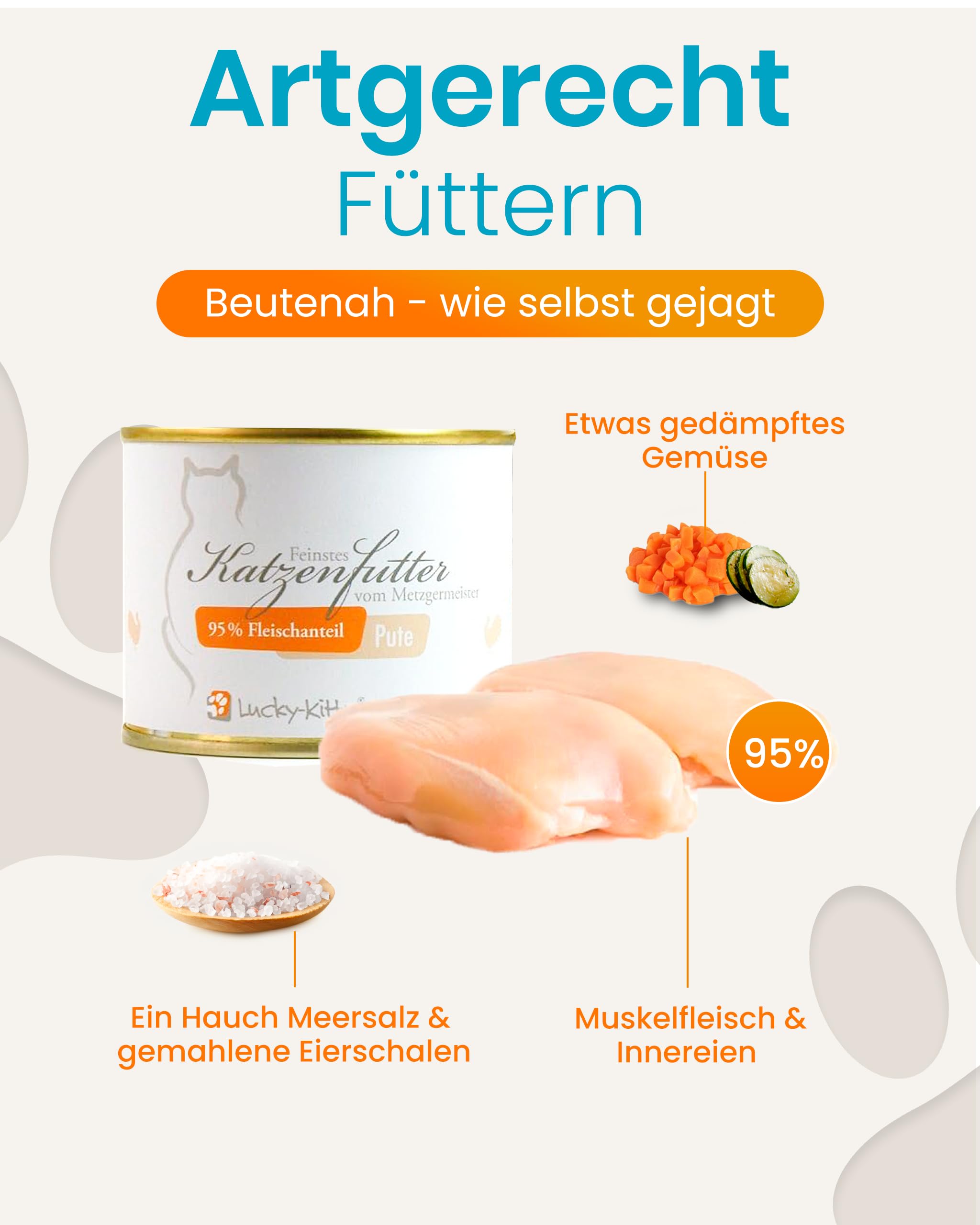 Lucky-Kitty Katzenfutter Nass Pute, 95% Fleisch, Monoprotein, 16x200g | 95% Fleisch, Ohne Getreide & Zucker, Lebensmittelqualität, Keine Zusätze, Made in Germany